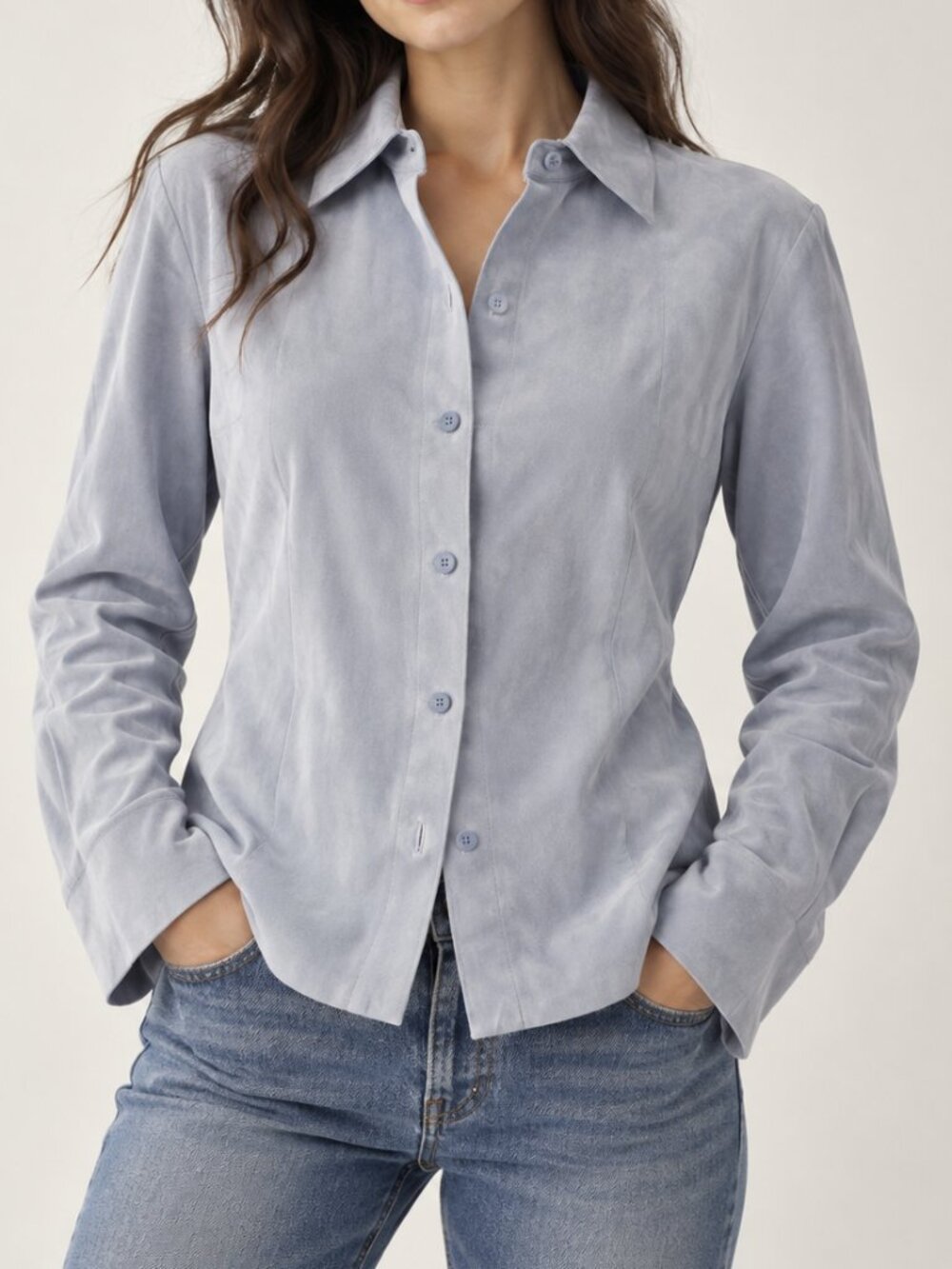 Vintage Express Genuine Suede Leather Button Down Shirt Jacket Blue Gray Y2K